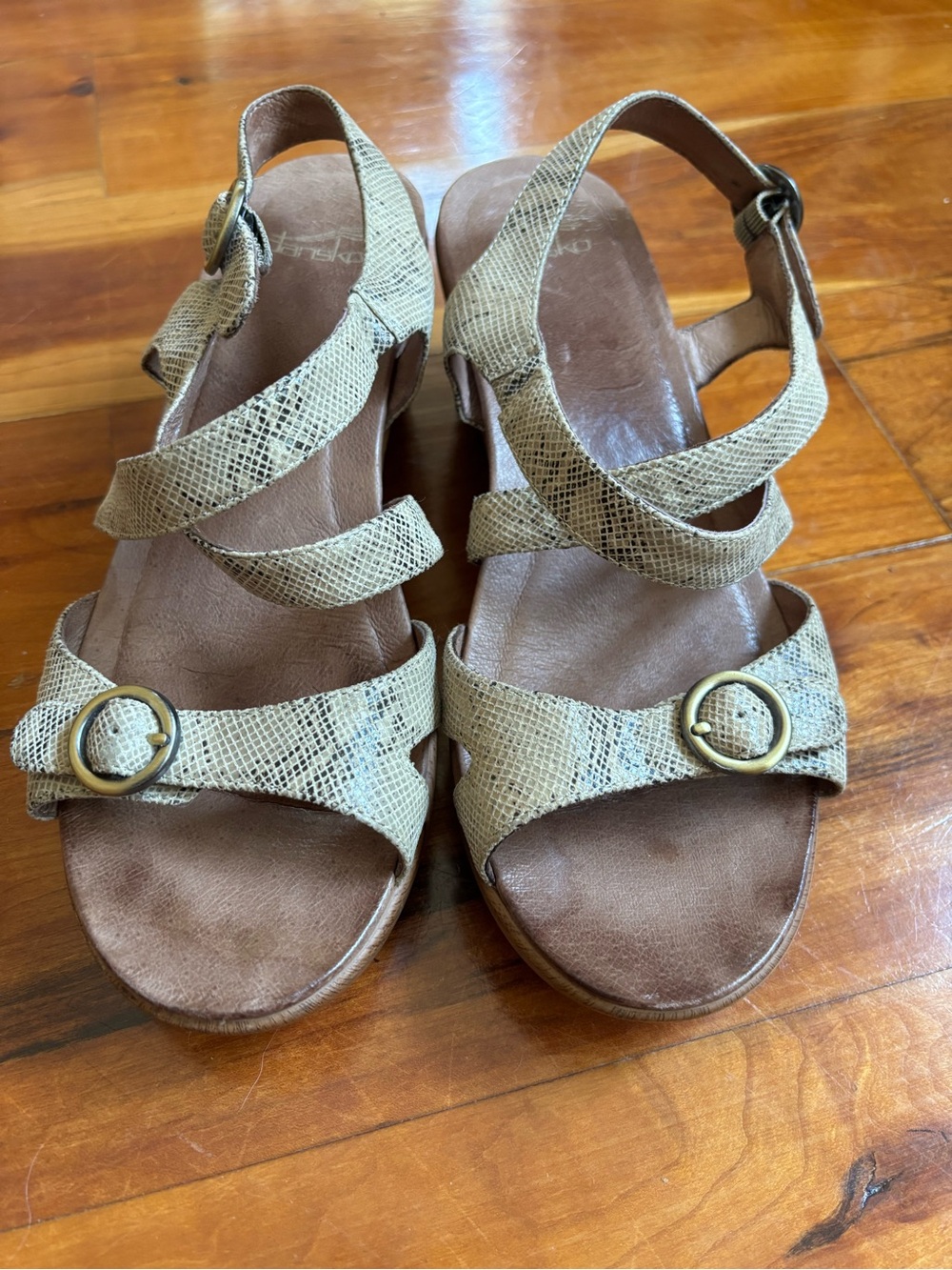 Dansko Beige Snake-Texture Strappy Buckle Sandals